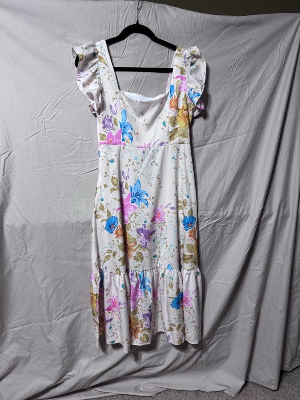 SHEIN White Floral Midi Dress with Blue & Pink Blooms